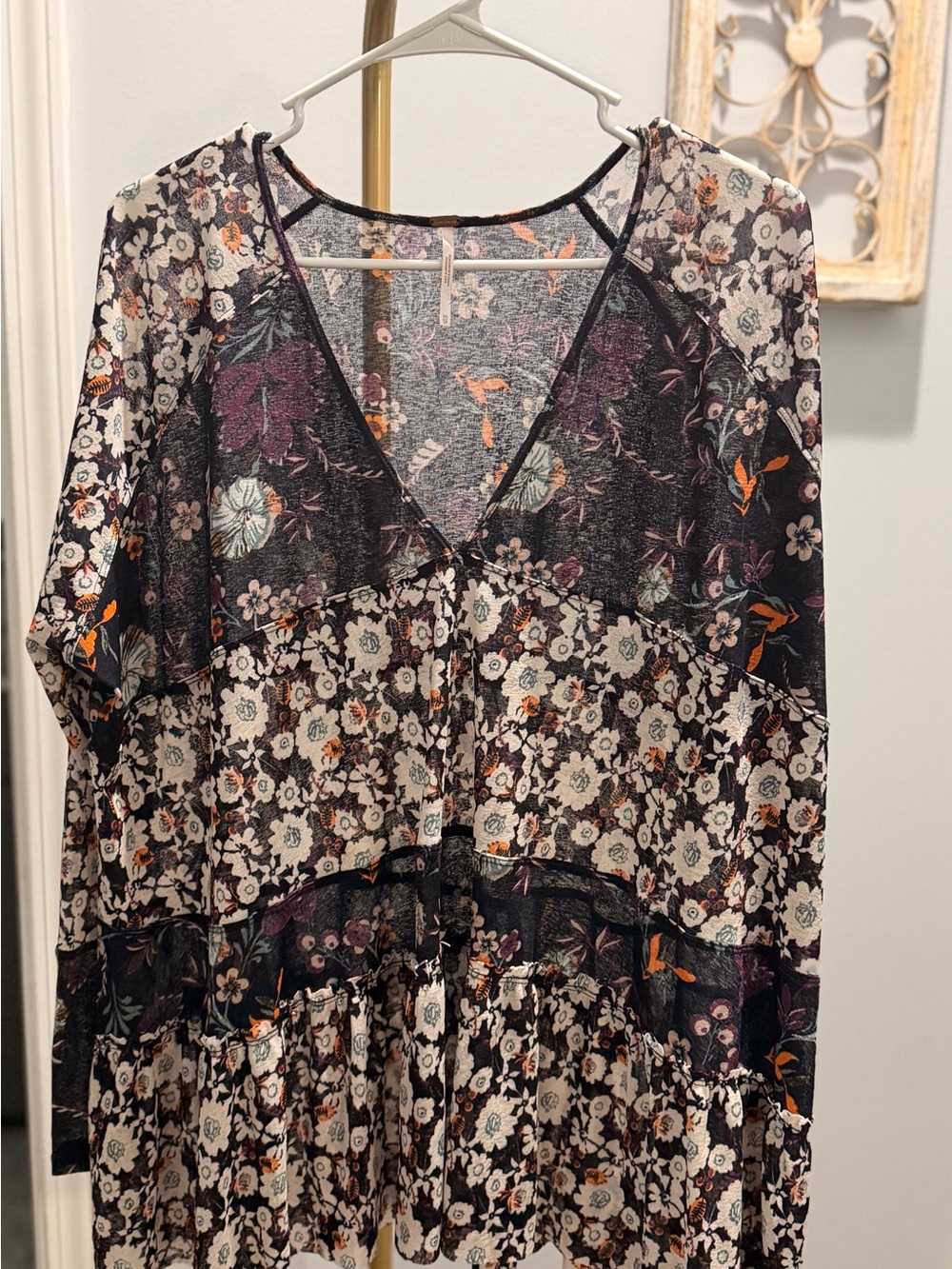 Free People Black Floral Patchwork V-Neck Tunic